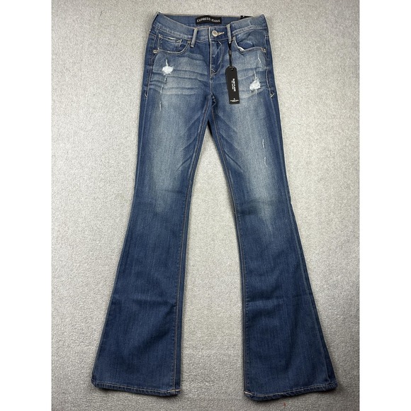 Express Jeans Womens 0 Slim Flare Mia Mid Rise Blue Distressed Denim New Tags - Picture 1 of 14